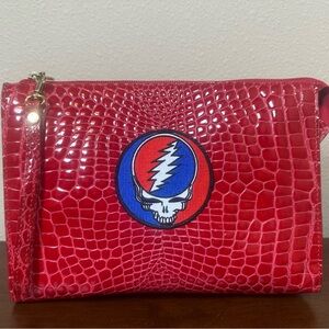 Red Crocodile Embossed Italian Leather Clutch with Skull Patch